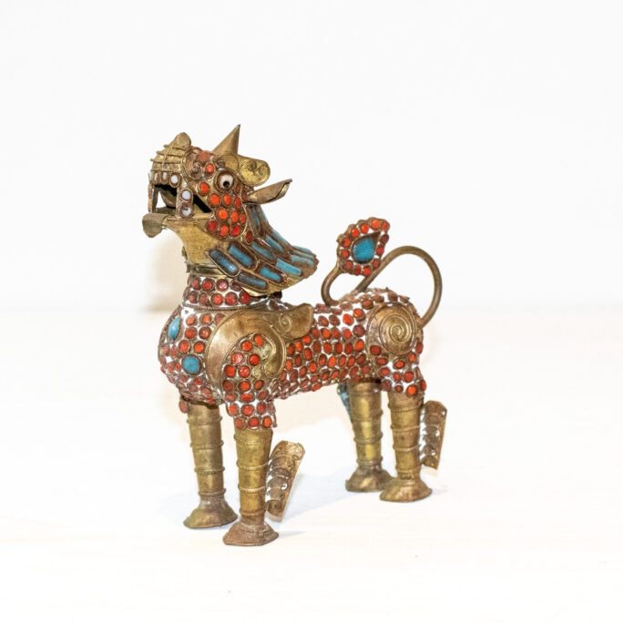 Medium Antique Brass Tibetan Meditation Lion (Red Standing) - 100+ yrs old, Handmade - 15cm high