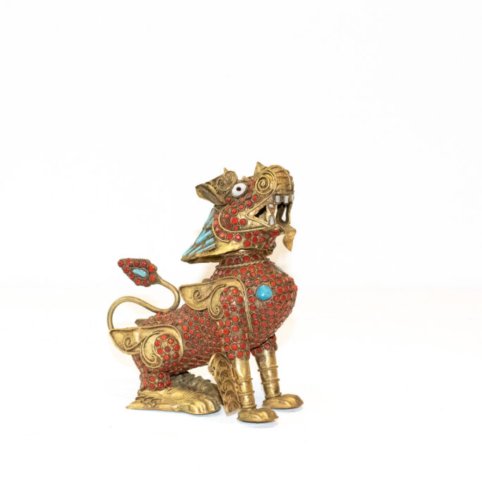 Antique Brass Tibetan Meditation Lion (Red Sitting) - 100+ yrs old, Handmade - 13.5cm high