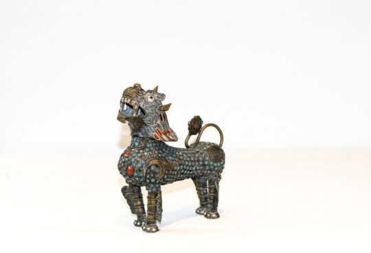 Medium Antique Brass Tibetan Meditation Lion (Blue Standing) - 100+ yrs old, Handmade - 14.5cm high