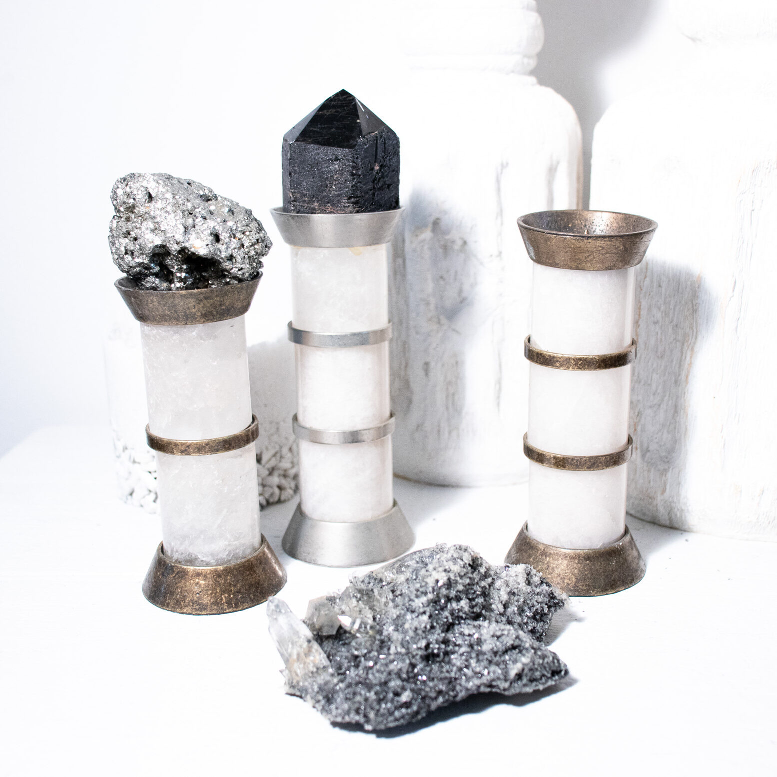 Handcrafted Crystal Calcite & Brass Holders - Vintage