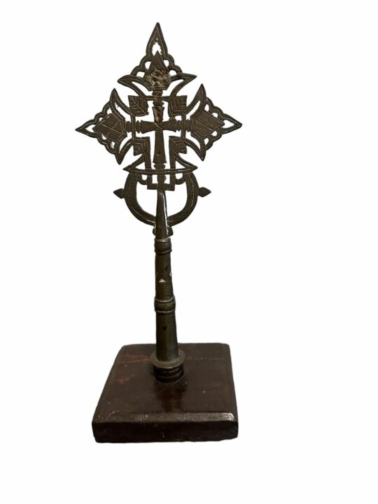 Brass Vintage Ethiopian Cross 23cm on Wooden Stand