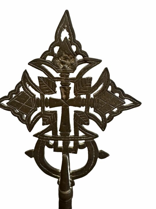 Brass Vintage Ethiopian Cross 23cm on Wooden Stand - Image 2